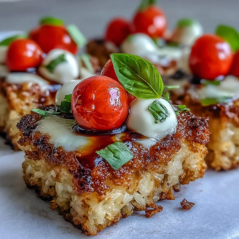 Elegant vegetarian caprese bites featuring seared rice, creamy mozzarella and vibrant basil leaves.