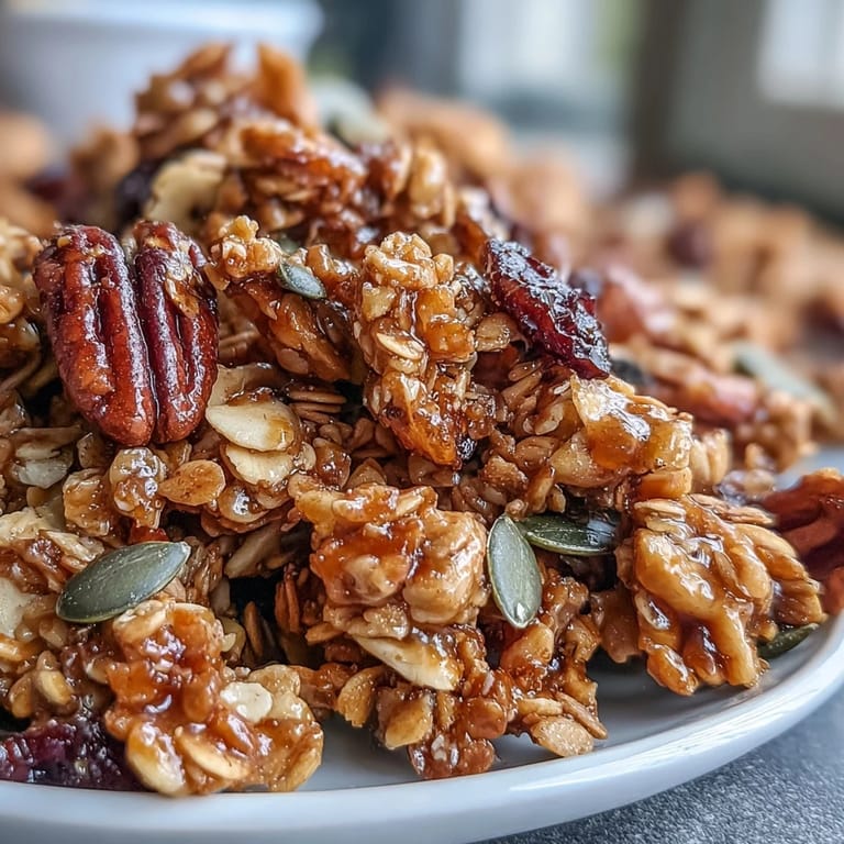 Sweetened Pumpkin Maple Granola Clusters, a delicious autumn snack straight from the oven.