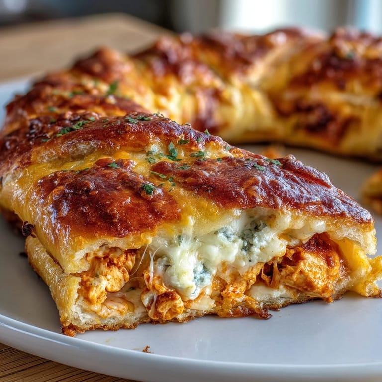 Warm Buffalo Chicken Crescent Ring, a savory party appetizer with melted cheese.