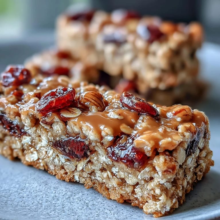 Close-up of chewy grape oatmeal snack bars, hinting at honey sweetness and baked goodness.