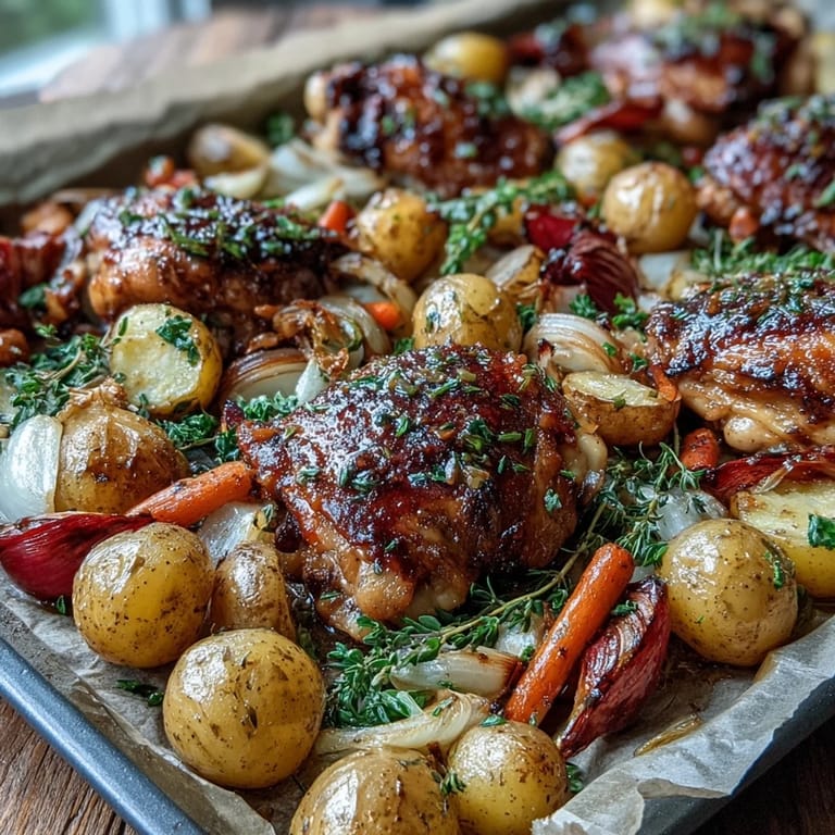 Delicious Apple Cider Chicken and Potato Sheet Pan, caramelized apples, juicy chicken thighs.