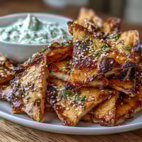 Crispy garlic naan chips tossed in spicy chili crisp, served with a creamy Asian cucumber yogurt dip for a bold appetizer.