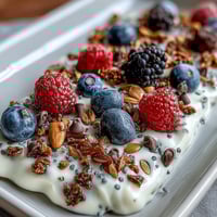 High-Protein Yogurt Breakfast Bark with Berries and Seeds, a colorful, protein-rich frozen treat layered with Greek yogurt, fresh berries, and crunchy seeds.