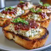 Crispy baguette slices topped with creamy goat cheese and a vibrant, sweet-spicy chili jam for a bold appetizer.  