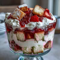 Galentines Strawberry Shortcake Trifle with layers of buttery shortcake, juicy strawberries, and fluffy whipped cream in a glass bowl.