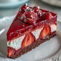 Light and airy Valentine's Day strawberry mousse cake with fresh strawberry glaze and chocolate shavings on top.