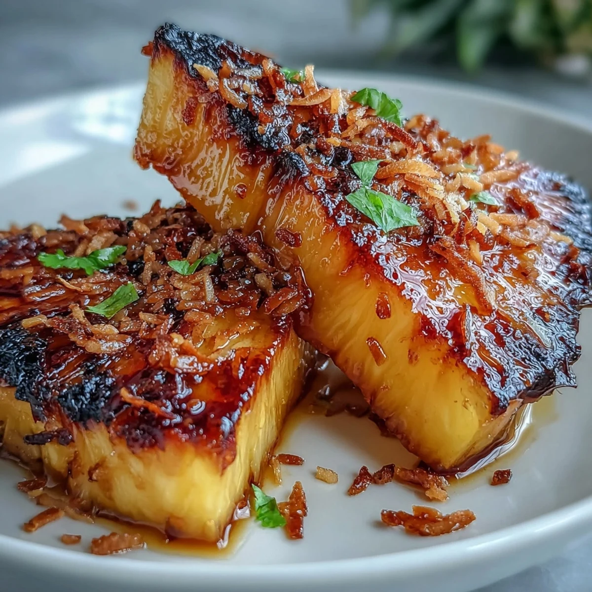 Honey lime roasted pineapple wedges drizzled with a sweet glaze, topped with golden toasted coconut for a tropical dessert.
