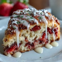 Golden scones topped with fresh strawberries and a glossy lemon glaze, served with mixed berries.  