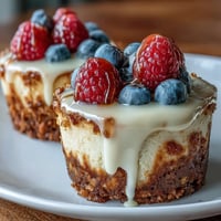 Creamy cottage cheese cheesecake cups with almond crust and fresh berries, a high-protein healthy dessert.