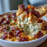 Creamy High-Protein Cottage Cheese Buffalo Chicken Dip baked until bubbling and golden, served with crisp celery and carrot sticks.