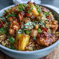 Colorful pineapple chicken fried rice with juicy pineapple chunks, tender chicken, and crunchy roasted cashews in a savory Asian-inspired sauce.