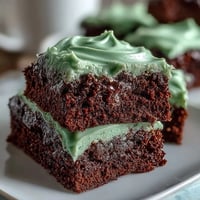 Shamrock-shaped brownies with rich chocolate flavor and vibrant green icing, perfect for festive St. Patrick's Day celebrations.  