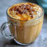 Creamy dandelion tea latte with oat milk and honey, a soothing caffeine-free drink with a hint of natural sweetness.