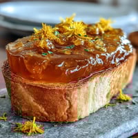 A jar of golden dandelion jelly with a delicate floral aroma, ready to spread on warm toast or biscuits.