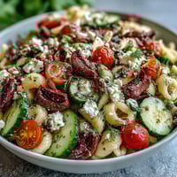 Fresh and colorful Greek-style pasta salad with juicy tomatoes, crisp cucumbers, briny olives, and creamy feta.