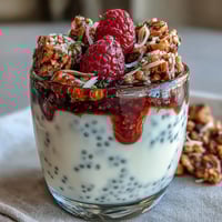 Lemon Chia Parfait with raspberry compote and crunchy granola, served in a glass jar for a refreshing breakfast or dessert.