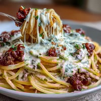 Million Dollar Spaghetti in a bubbling casserole dish with golden mozzarella and Parmesan, showcasing layers of pasta, meat sauce, and creamy Alfredo.