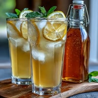 Sparkling Fermented Lemonade in a clear glass jar, naturally fizzy and golden, with a sprig of mint on top.