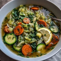 Spring Detox Cabbage Soup with fresh ginger and lemon in a steaming bowl, garnished with parsley and lemon slices.