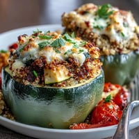 Colorful quinoa stuffed bell peppers with roasted vegetables and creamy goat cheese, baked until tender for a wholesome vegetarian meal.