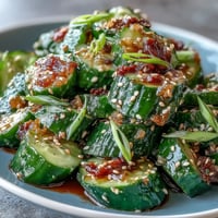 Crispy smashed cucumber salad tossed with garlic, chili oil, and sesame dressing for a refreshing, tangy bite.