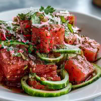 Refreshing watermelon cucumber salad with Tajin and lime, perfect for summer.
