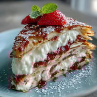 Elegant Mother's Day Crêpe Cake layered with strawberry mascarpone.