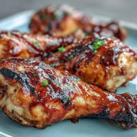 Juicy BBQ Chicken Drumsticks with Spicy Peach Glaze, grilled to sticky perfection.