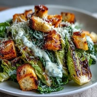 Smoky grilled romaine hearts with creamy dressing, croutons, and Parmesan.