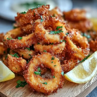 Golden fried calamari rings with a bright lemon wedge, expertly crisp.