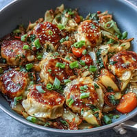Golden-brown cabbage dumplings glistening with sweet hot honey in a skillet.