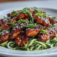 Sweet honey garlic chicken atop vibrant zucchini noodles, a healthy gluten-free meal.