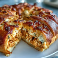 Golden Buffalo Chicken Crescent Ring, spicy and cheesy appetizer perfect for game day.