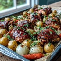 Golden Apple Cider Chicken and Potato Sheet Pan roasted to perfection.